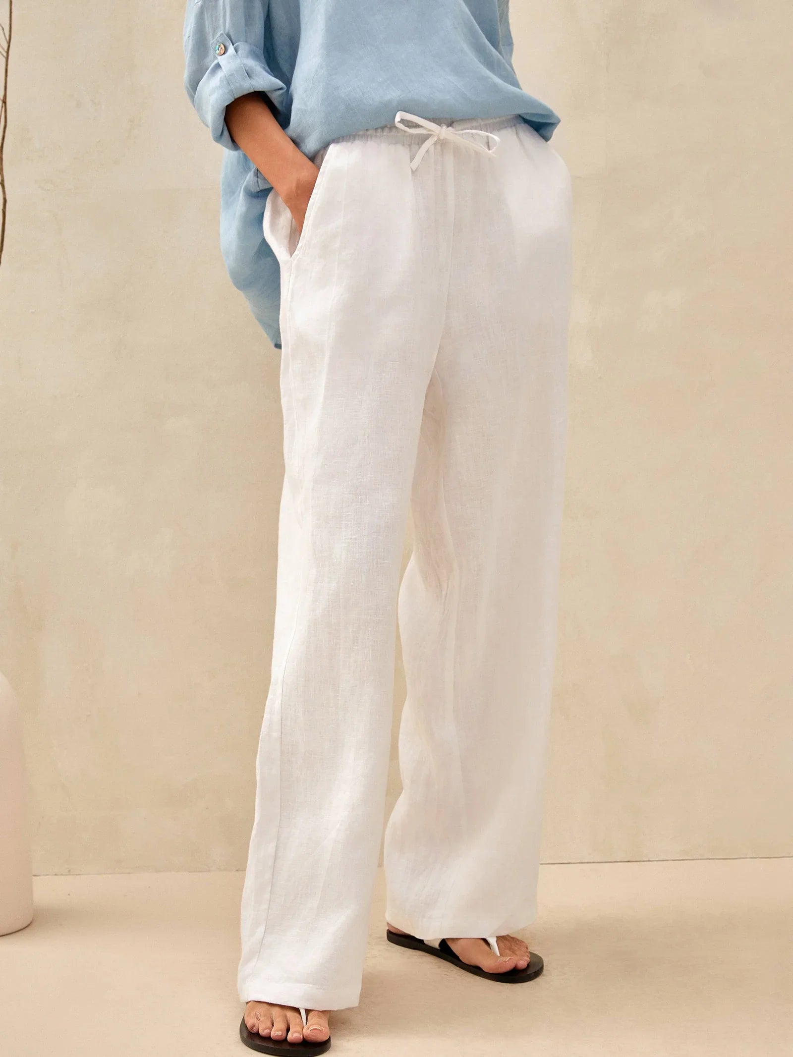 Valeria™ | PANTALÓN CELESTE BLANCO LIGERO
